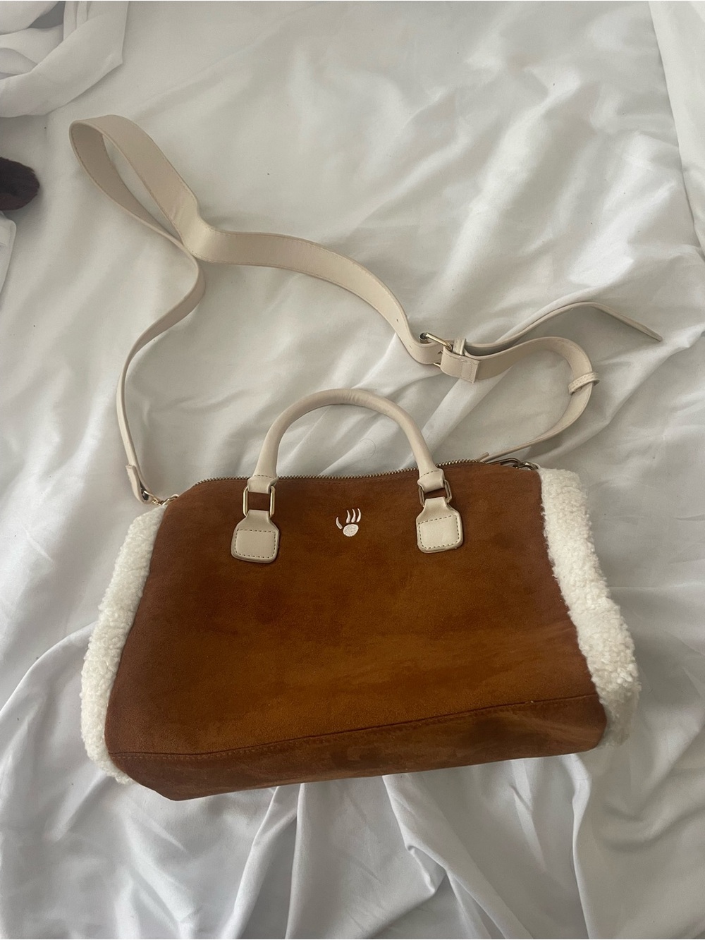 BearPaw Brown Suede Shoulder Bag with Cream Shearling Trim